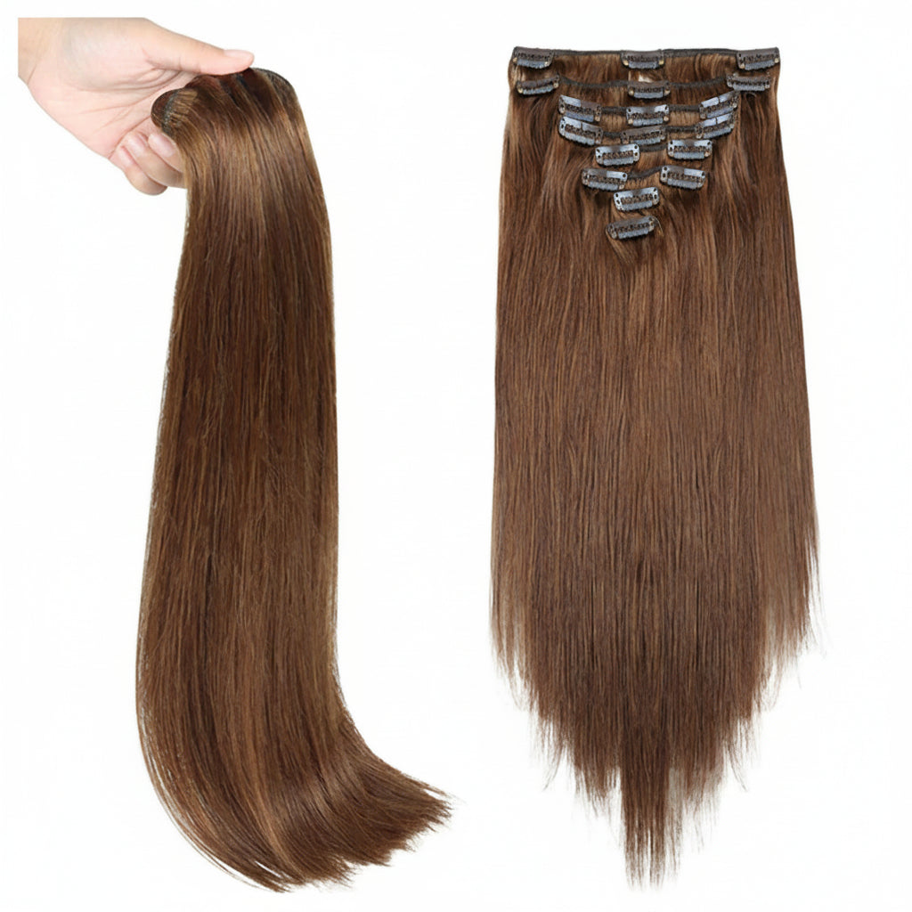 Extensions clips cheveux humains russes lisses brun chocolat 4 - vue 3