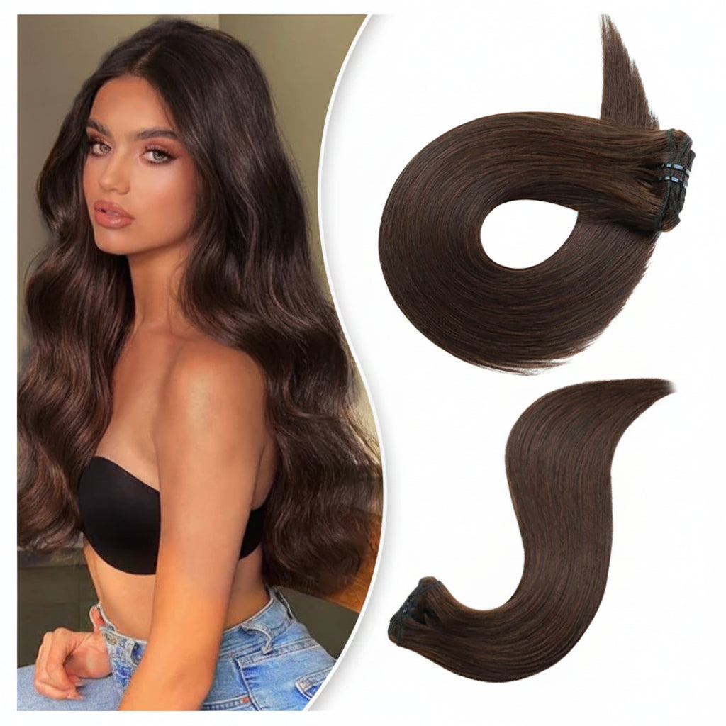 Extensions clips cheveux humains russes lisses brun foncé 2 - vue 1