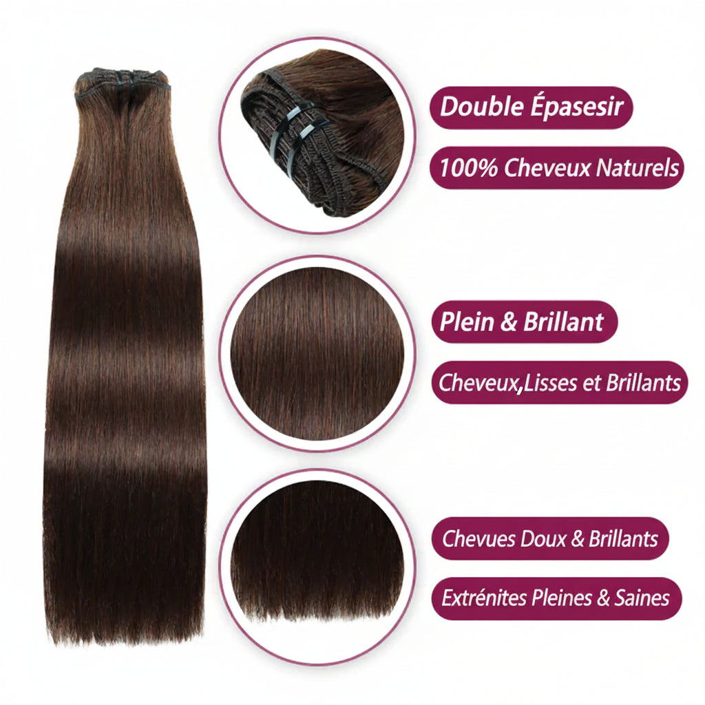 Extensions clips cheveux humains russes lisses brun foncé 2 - vue 2