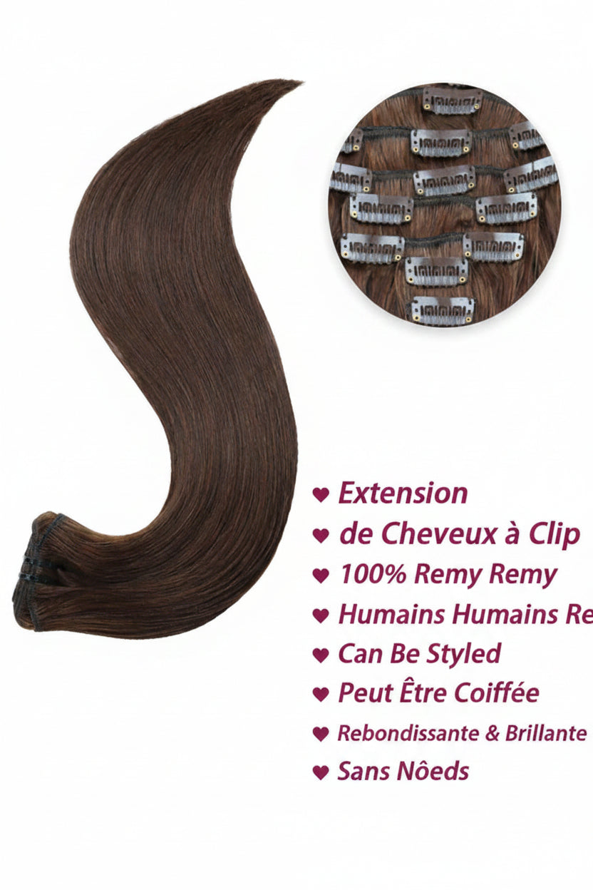Extensions clips cheveux humains russes lisses brun foncé 2 - vue 3