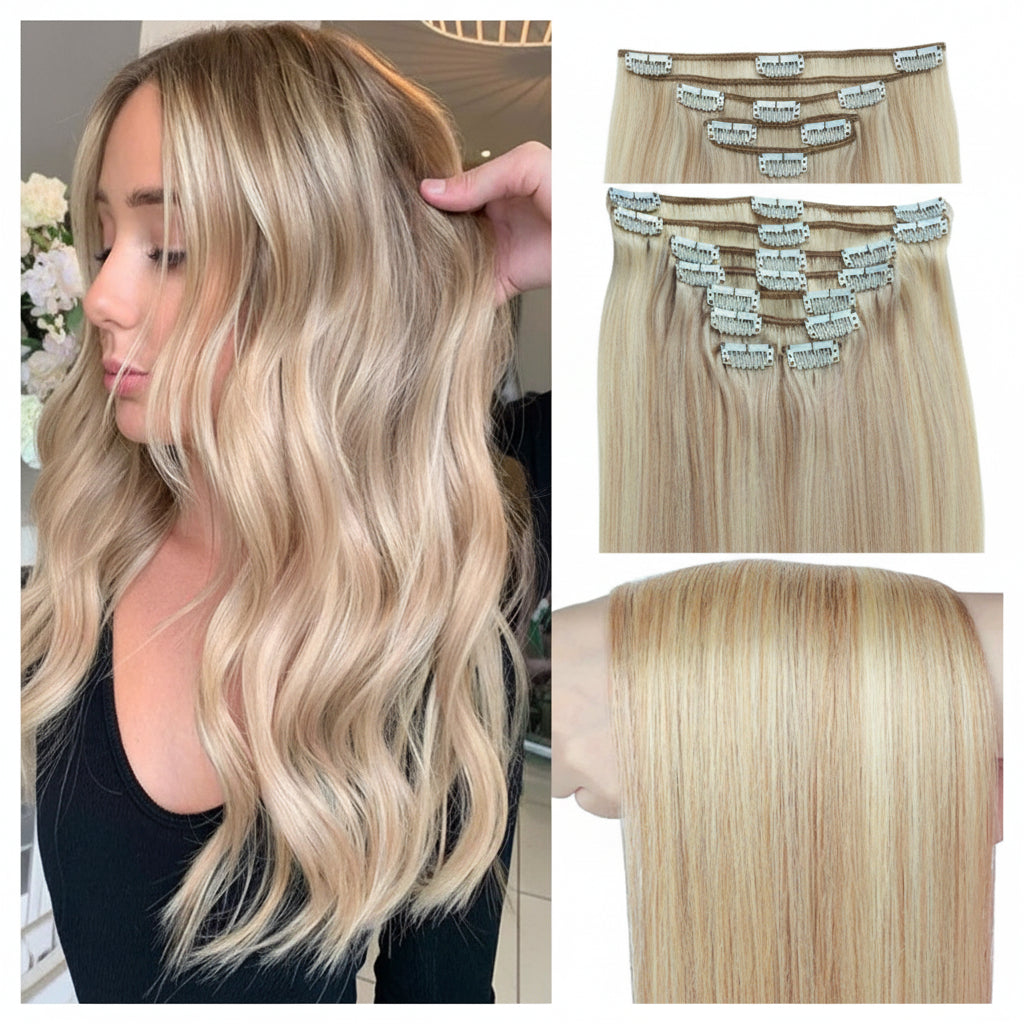 Extensions clips cheveux humains européens blond méché P10A 613 - vue 1