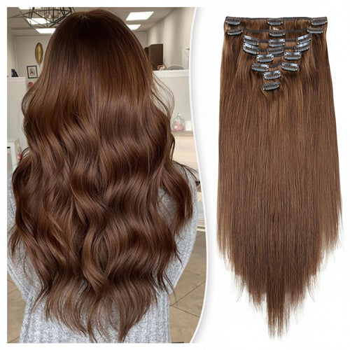 Extensions clips cheveux humains russes lisses brun chocolat 4 - vue 1