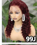 Perruque lace front deep wave 220% coloris rouge bordeaux 99J