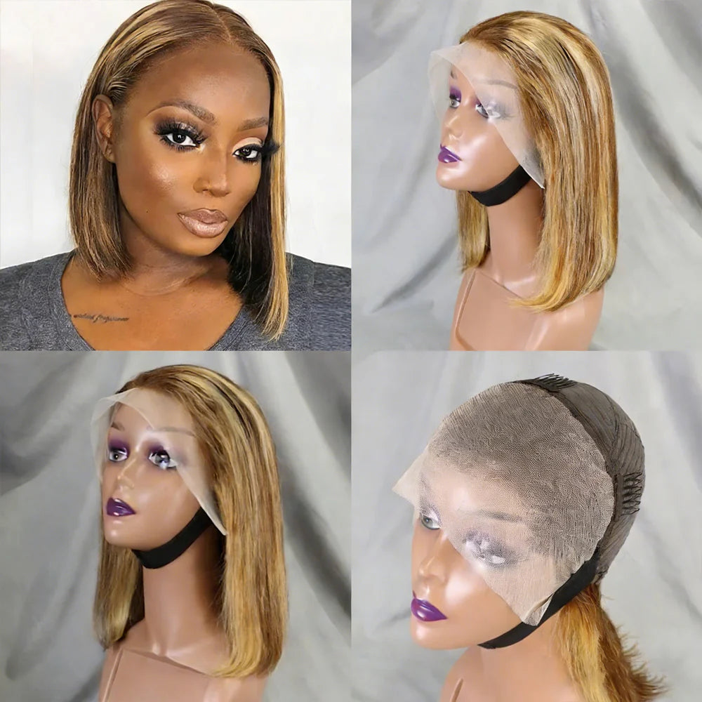 Perruque bob lisse 200% méchée brun moyen blond miel - vue 1