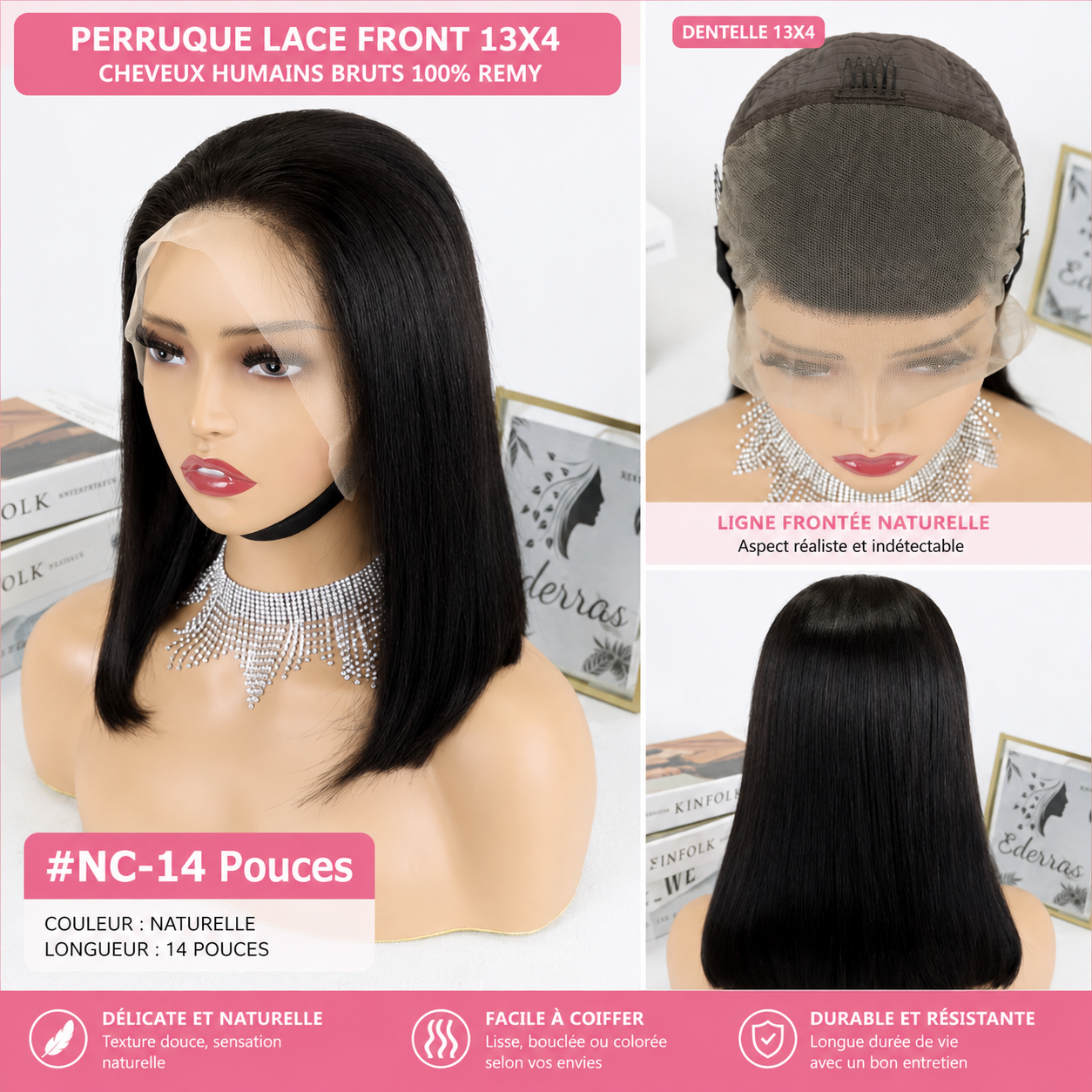 Perruque bob lisse 200% lace frontal 13x4 couleur naturelle - vue 3