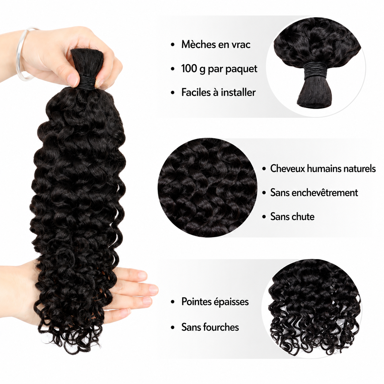 Mèches deep curly sans trame cheveux humains noir naturel - vue 2