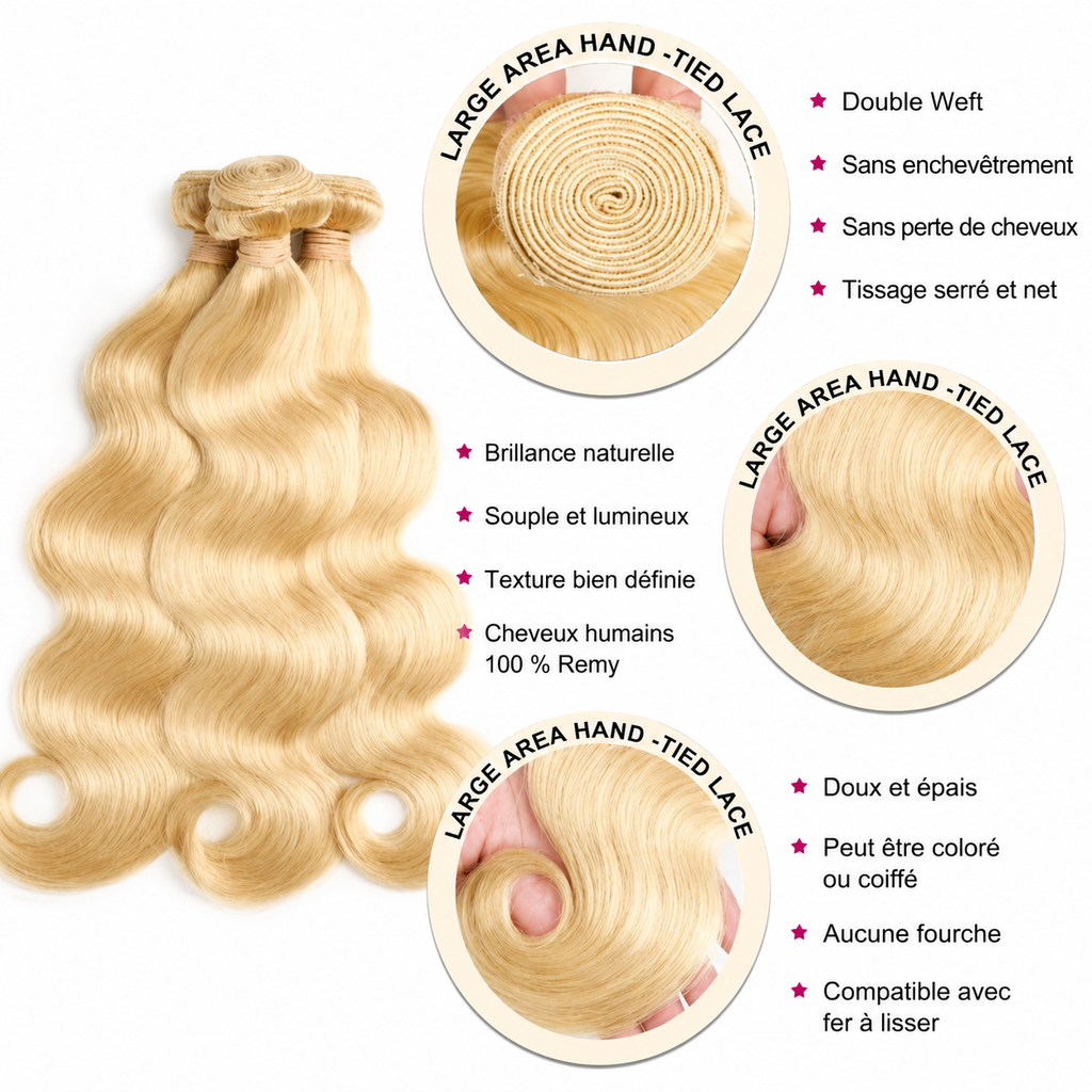 Tissage body wave cheveux humains Remy blond platine 613 - vue 3