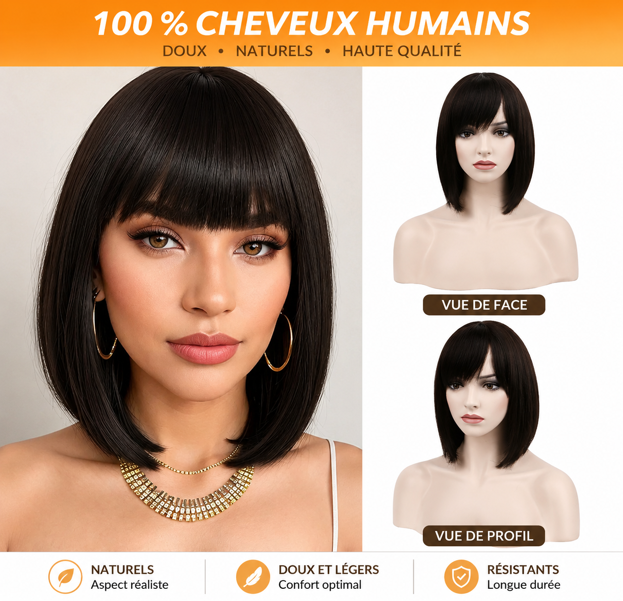 Perruque carré court sans colle avec frange cheveux humains Remy brésiliens - vue 1