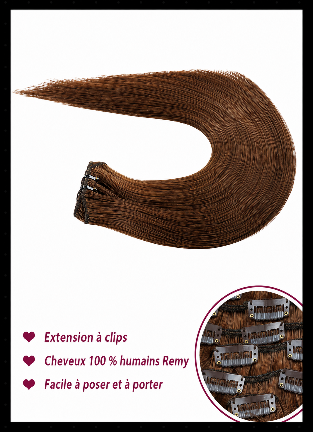 Extensions clips cheveux humains russes lisses brun chocolat 4 - vue 6