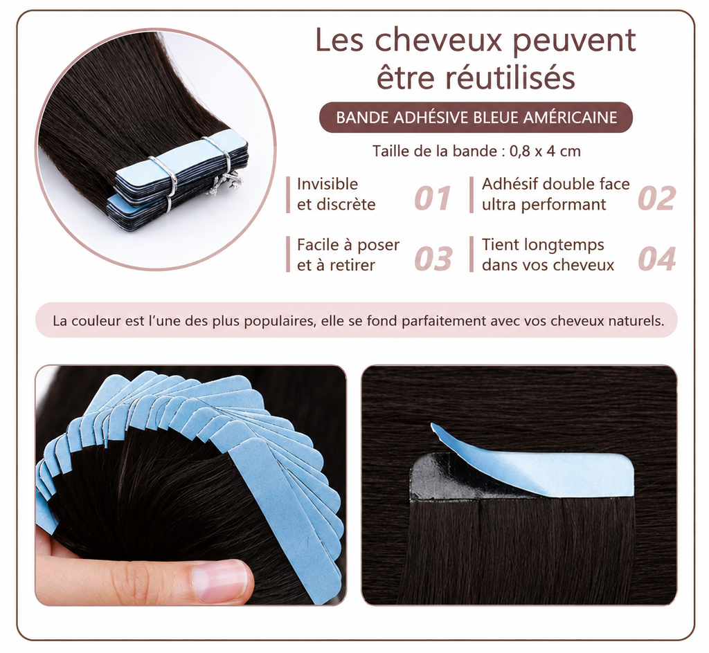Extensions adhésives invisibles brun foncé et chocolat - vue 3