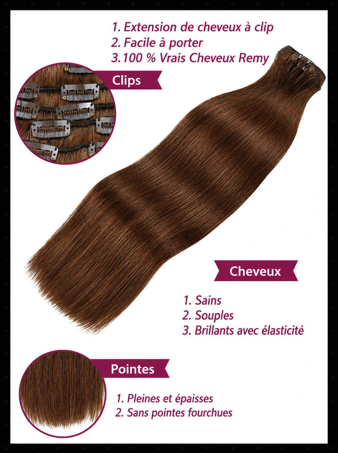 Extensions clips cheveux humains russes lisses brun chocolat 4 - vue 5