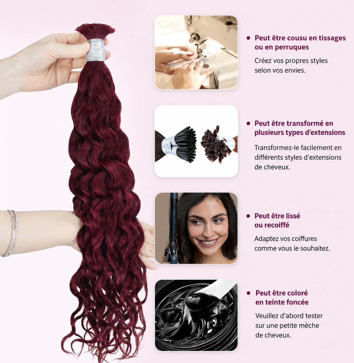 Mèches water wave sans trame cheveux humains bordeaux 99J - vue 4