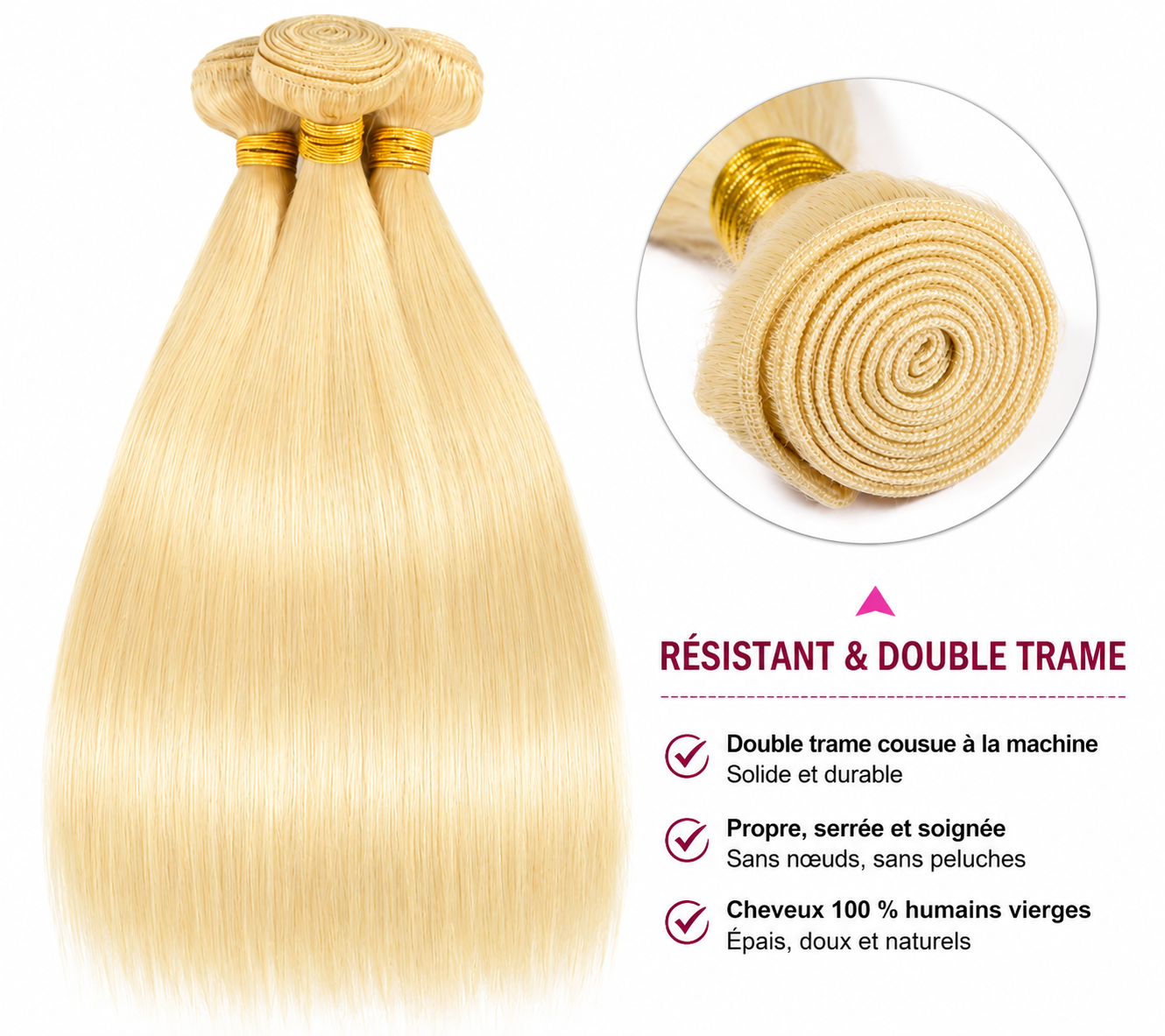 Extensions lisses cheveux humains Remy blond platine 613 - vue 3