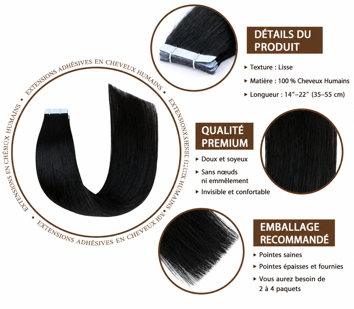 Extensions adhésives tape-in noir naturel raw remy - vue 4