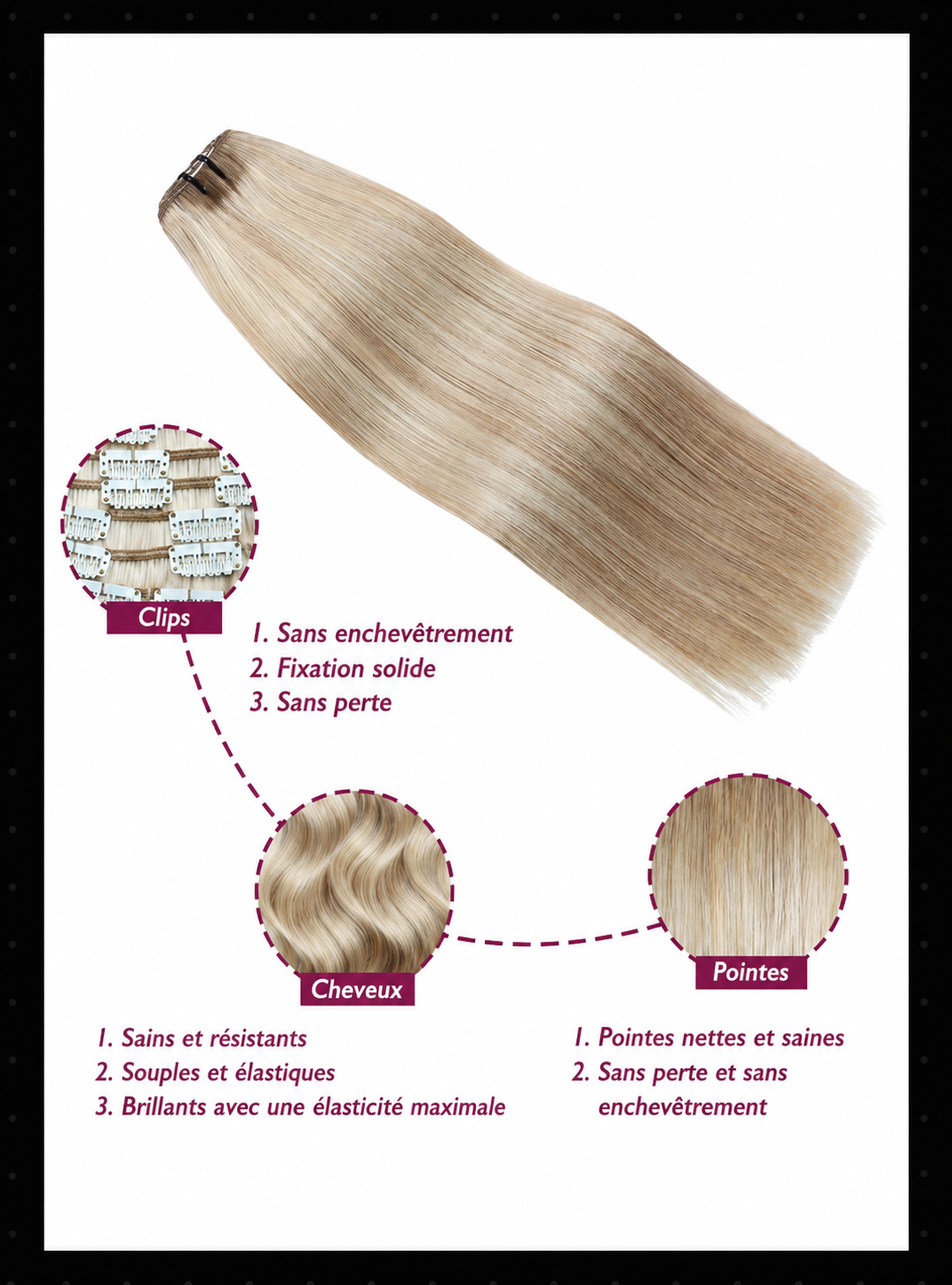 Extensions clips cheveux humains européens blond méché P10A 613 - vue 6