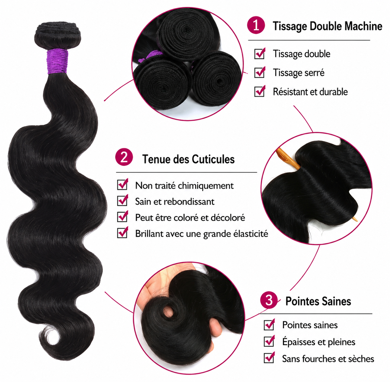 Tissage body wave cheveux humains vierges 100% naturels - vue 3