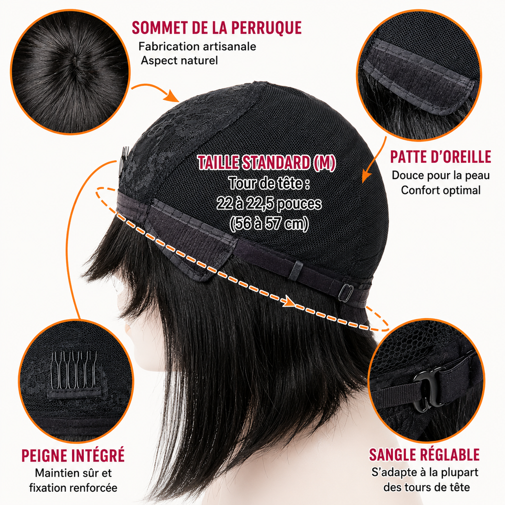 Perruque carré court sans colle avec frange cheveux humains Remy brésiliens - vue 2