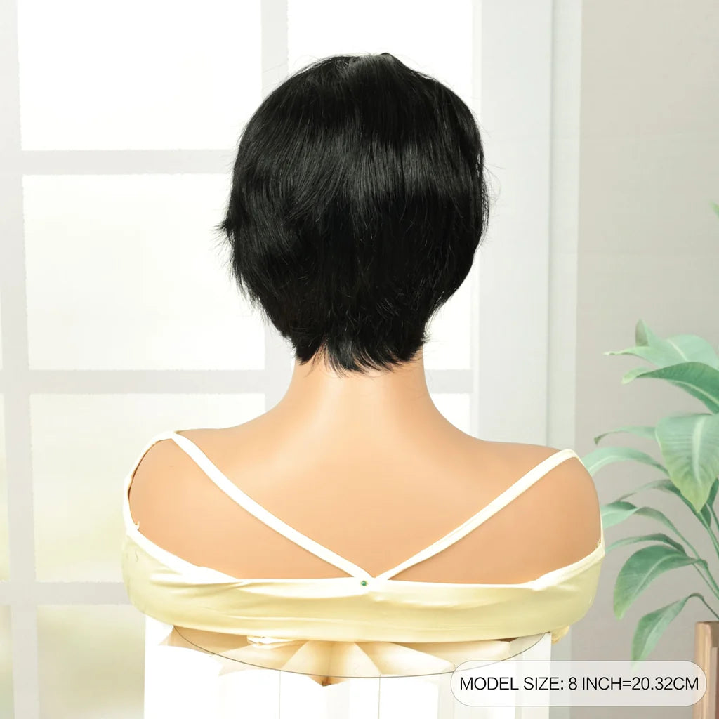 PERRUCIA Perruque Pixie Courte Cheveux Humains Naturels Noir – Dégradée avec Frange