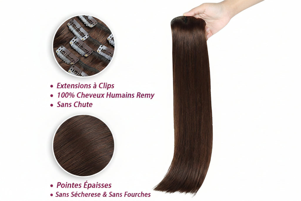 Extensions clips cheveux humains russes lisses brun foncé 2 - vue 4