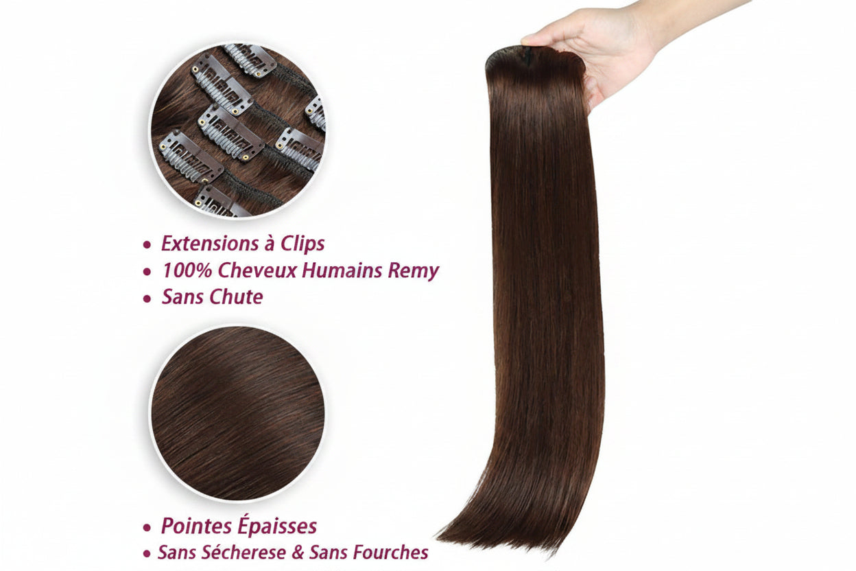 Extensions clips cheveux humains russes lisses brun foncé 2 - vue 4